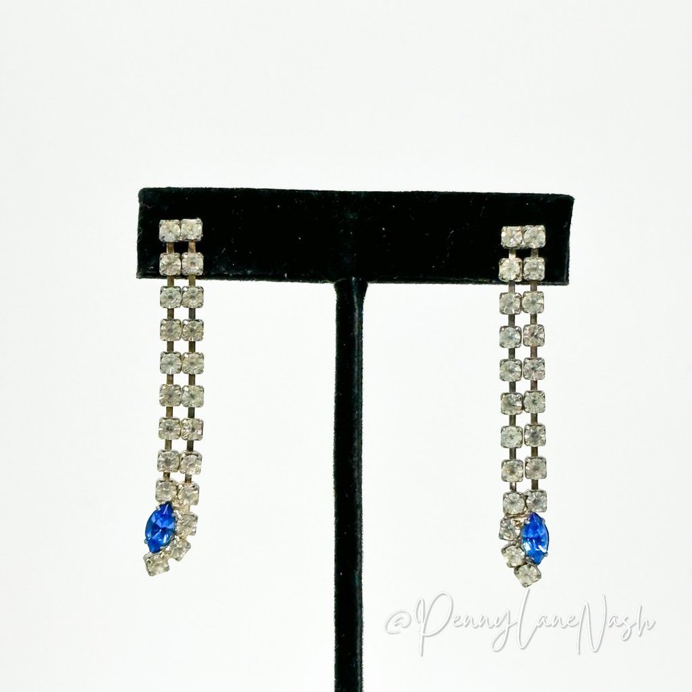 Vintage Two Row Rhinestone Drop with Blue Gem Dangle Earrings - Picture 1 of 9